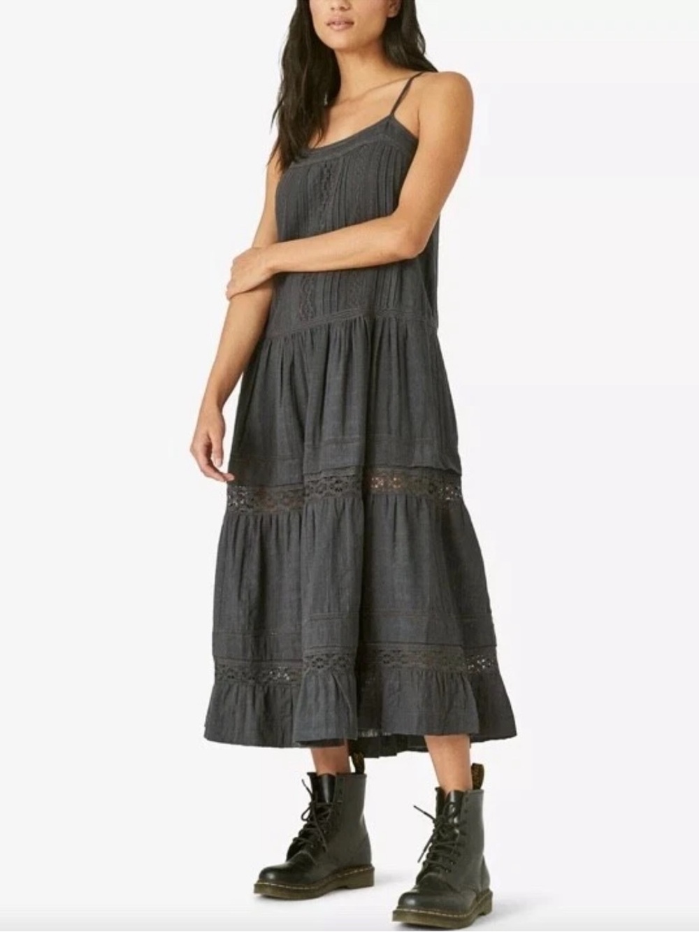 Lucky Brand Charcoal Grey Tiered Midi Dress with Lace embroidery. Boho. Cottage